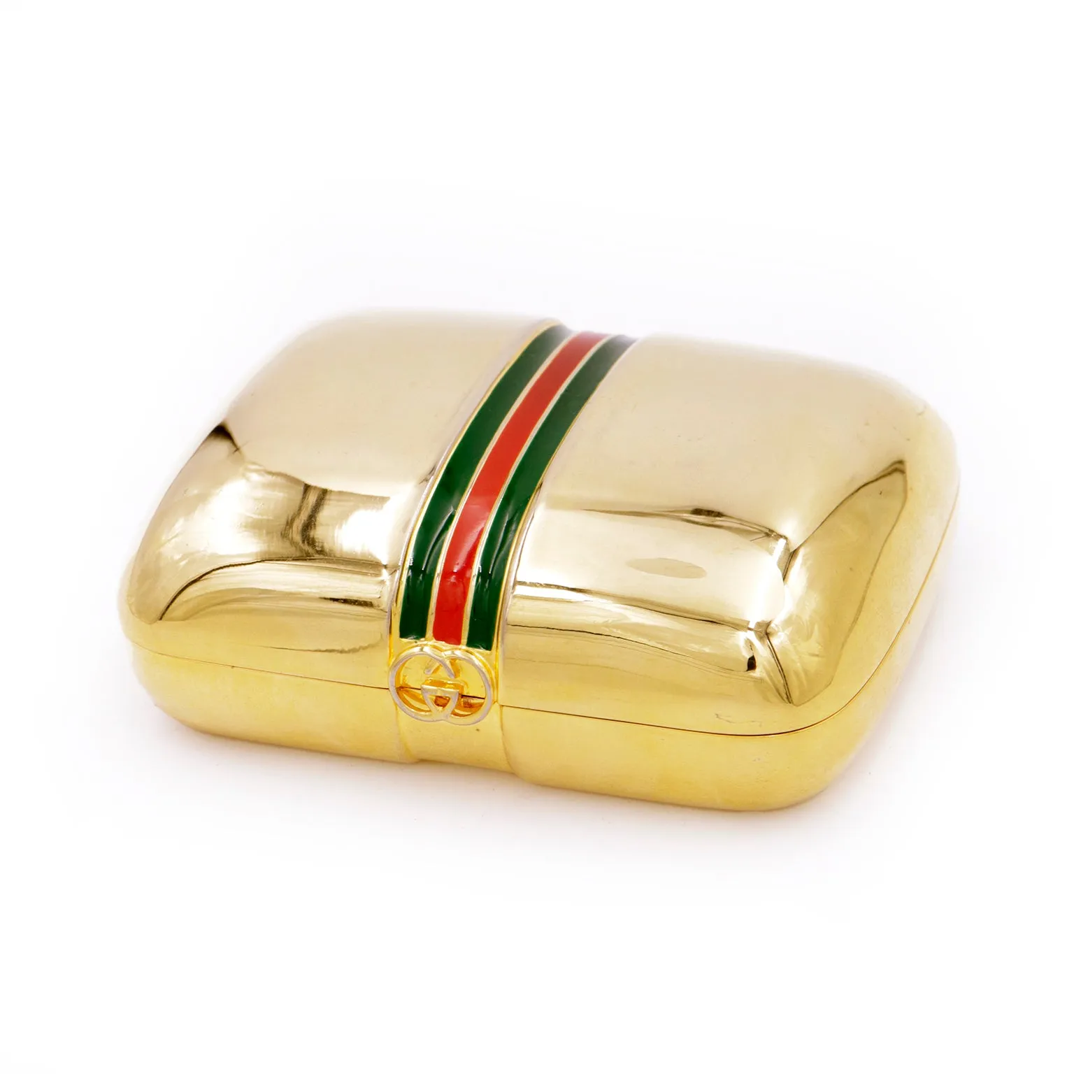 1980s Gucci Gold Plated Box w Red & Green Signature Stripe