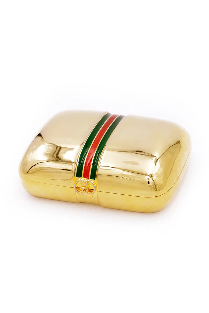 1980s Gucci Gold Plated Box w Red & Green Signature Stripe