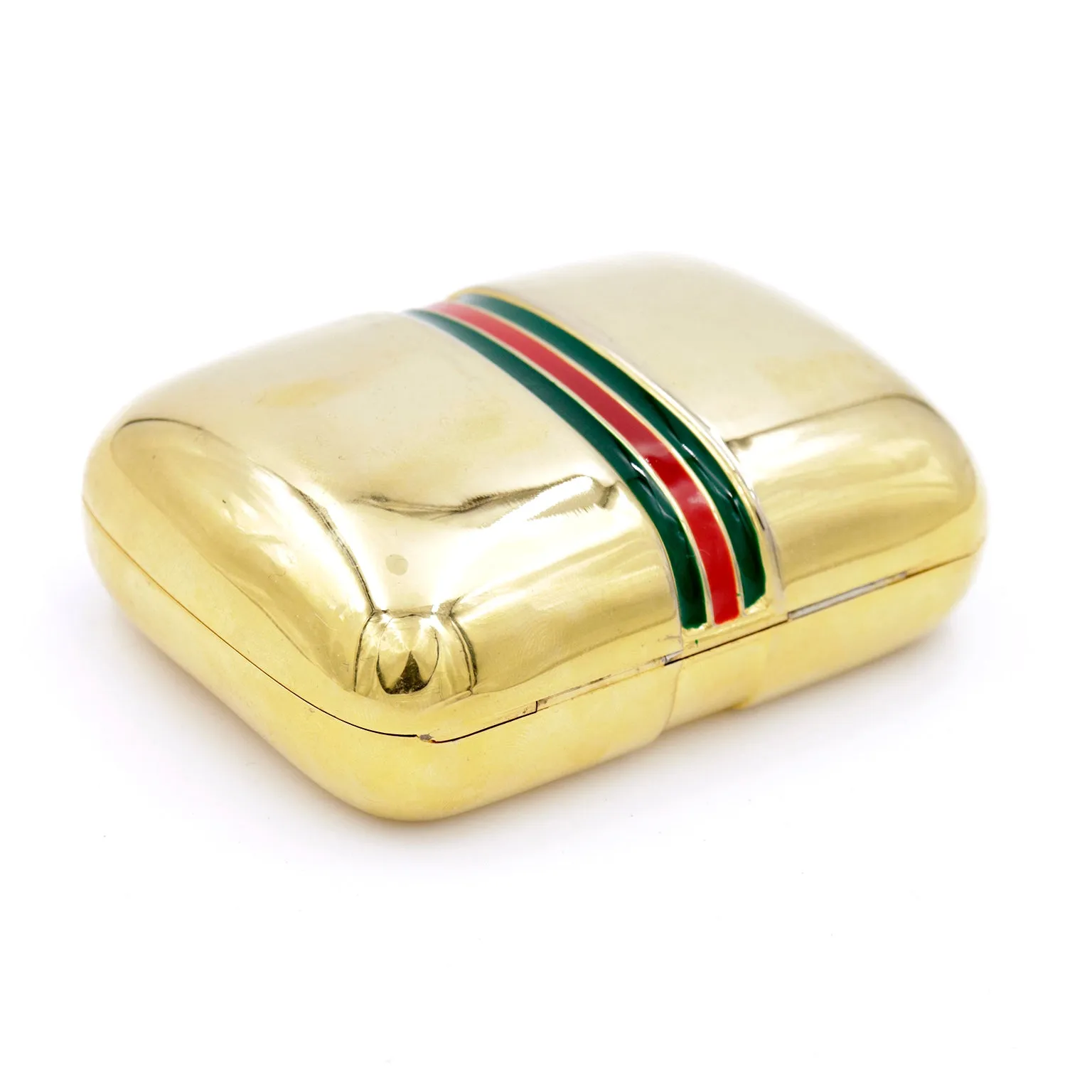 1980s Gucci Gold Plated Box w Red & Green Signature Stripe