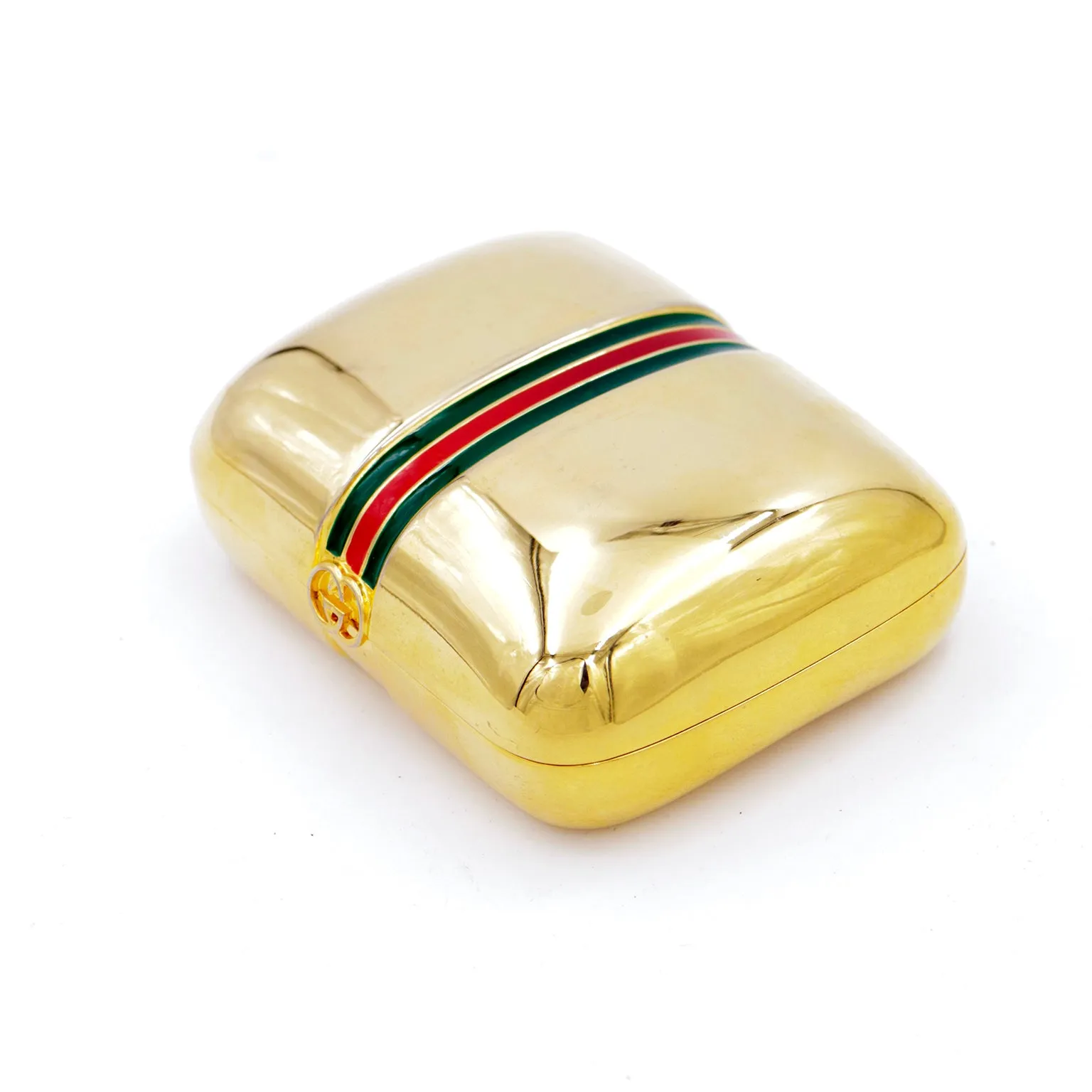 1980s Gucci Gold Plated Box w Red & Green Signature Stripe