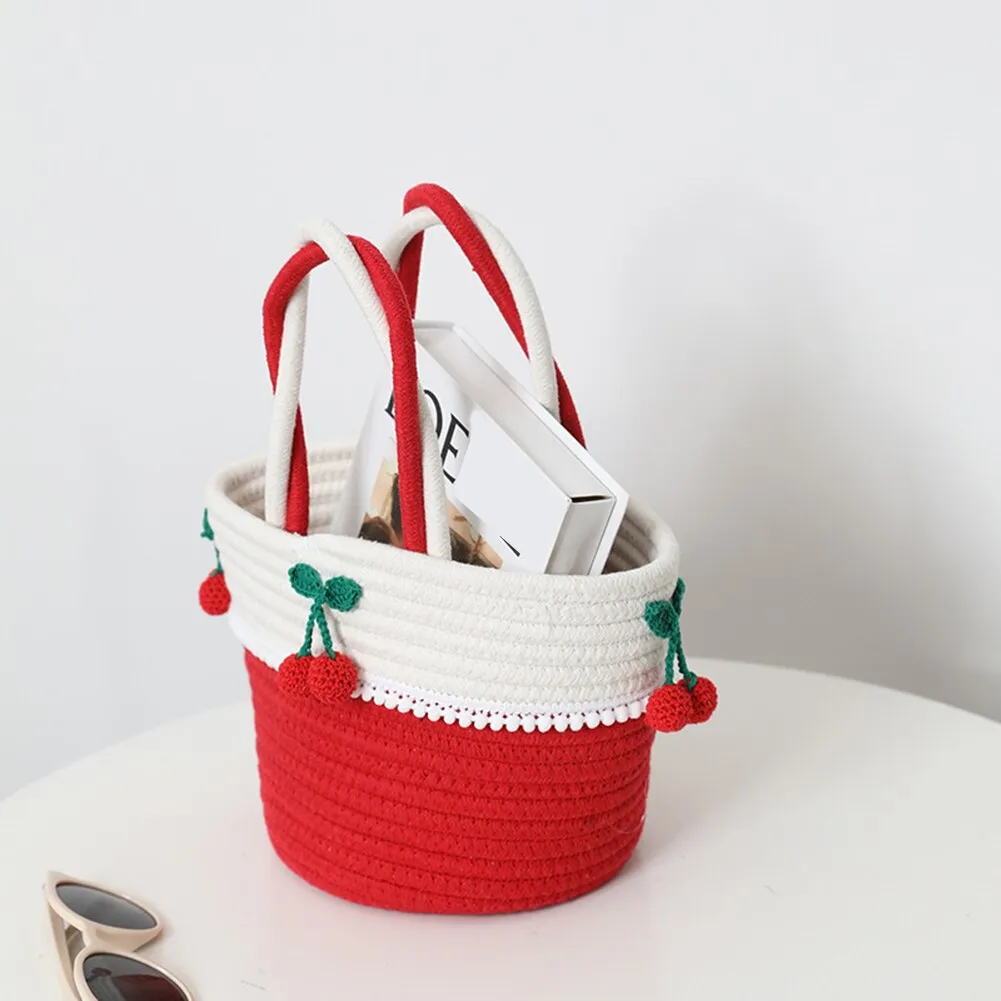 2022 Woman Sweet Cherry Straw Handbag Handmade Woven Crochet Totes Bag Ladies Summer Beach Seaside Holiday Clutch Bags for Girl