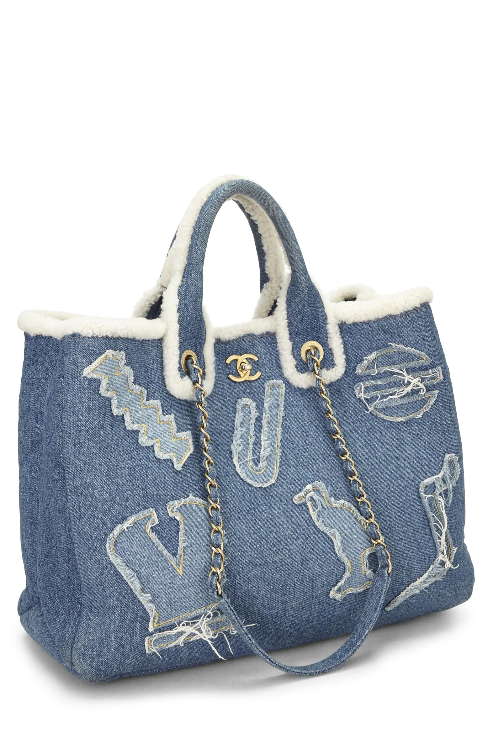 Chanel,  Paris-Egypt Blue Denim & Shearling Hieroglyph Shopping Tote, Blue