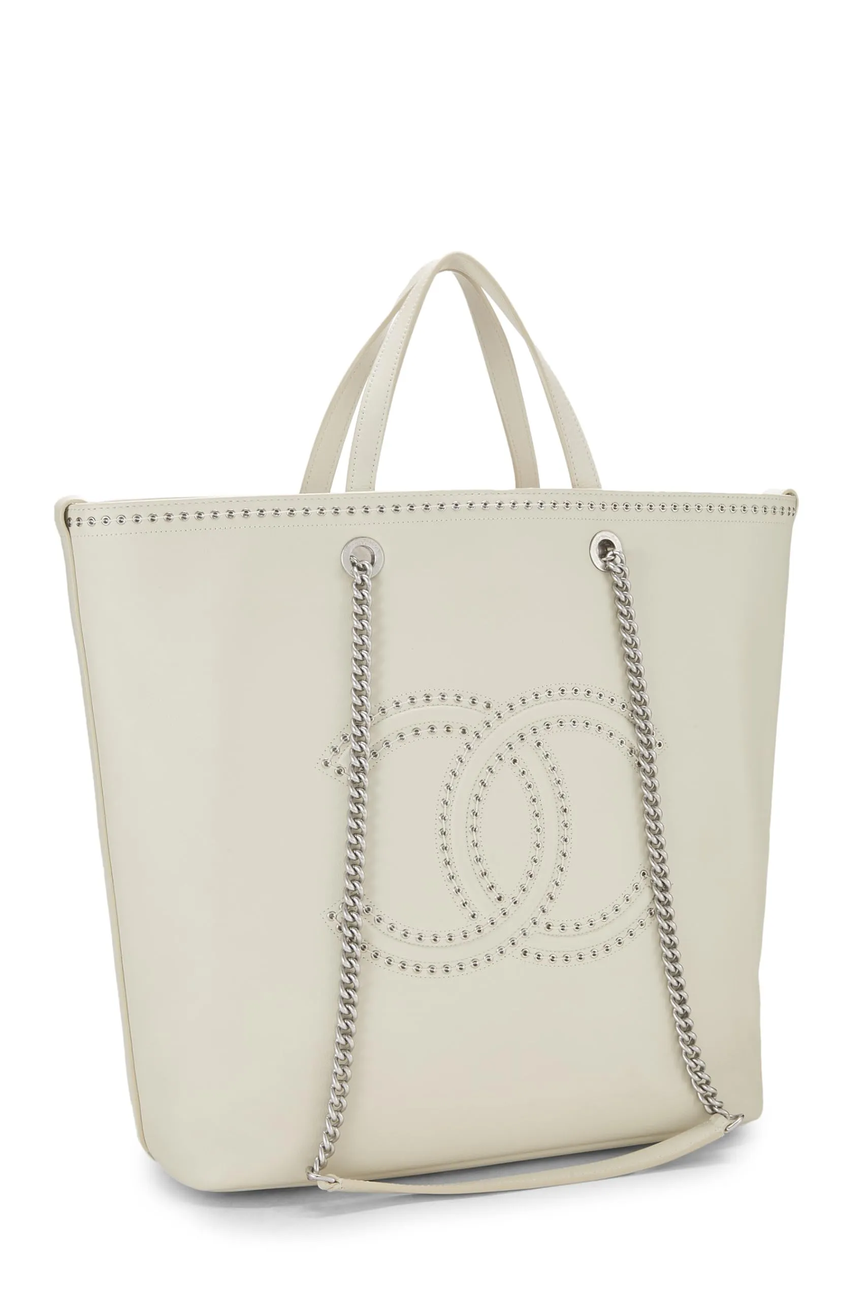 Chanel,  White Calfskin Coco Eyelet Shopping Tote Large, White