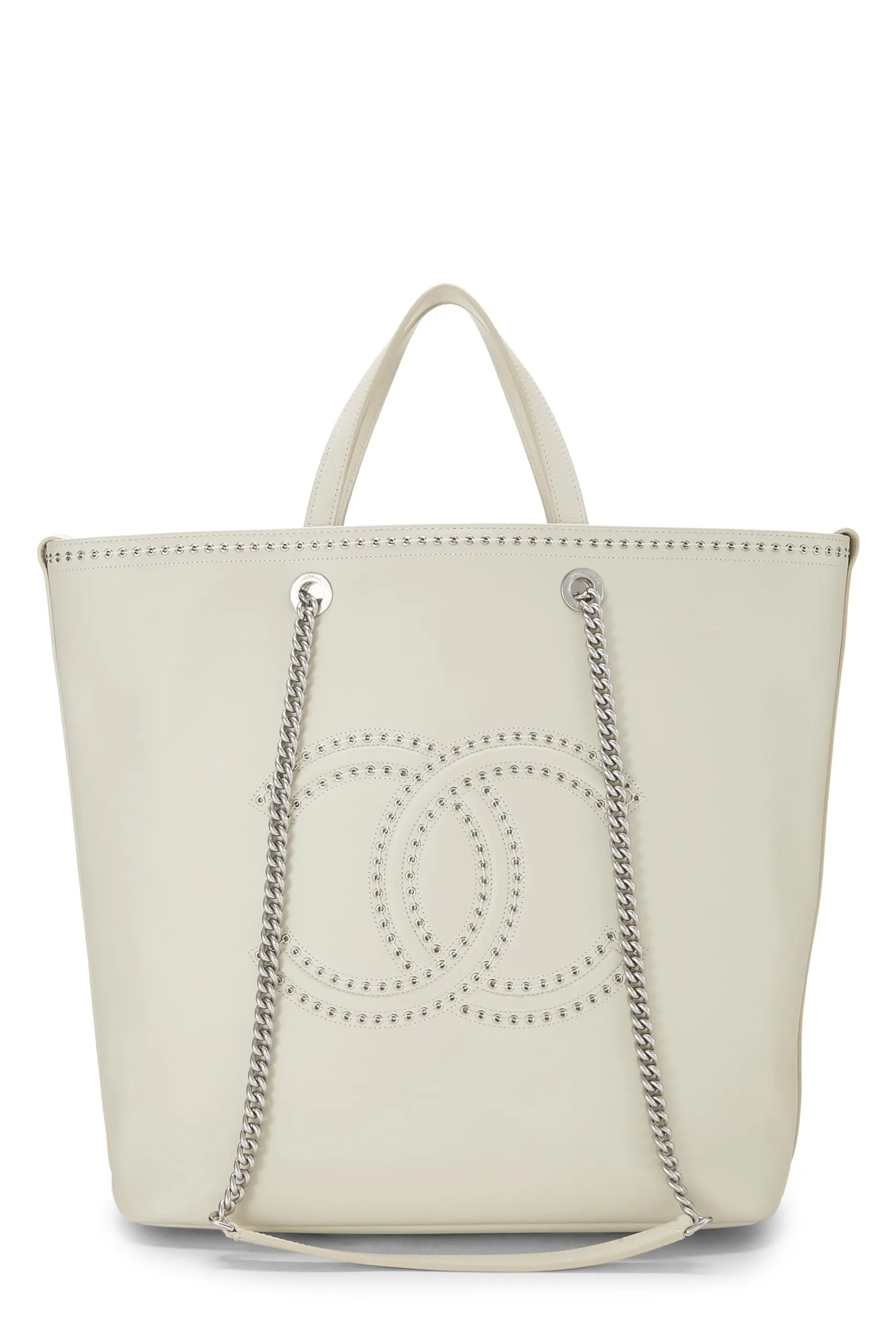 Chanel,  White Calfskin Coco Eyelet Shopping Tote Large, White