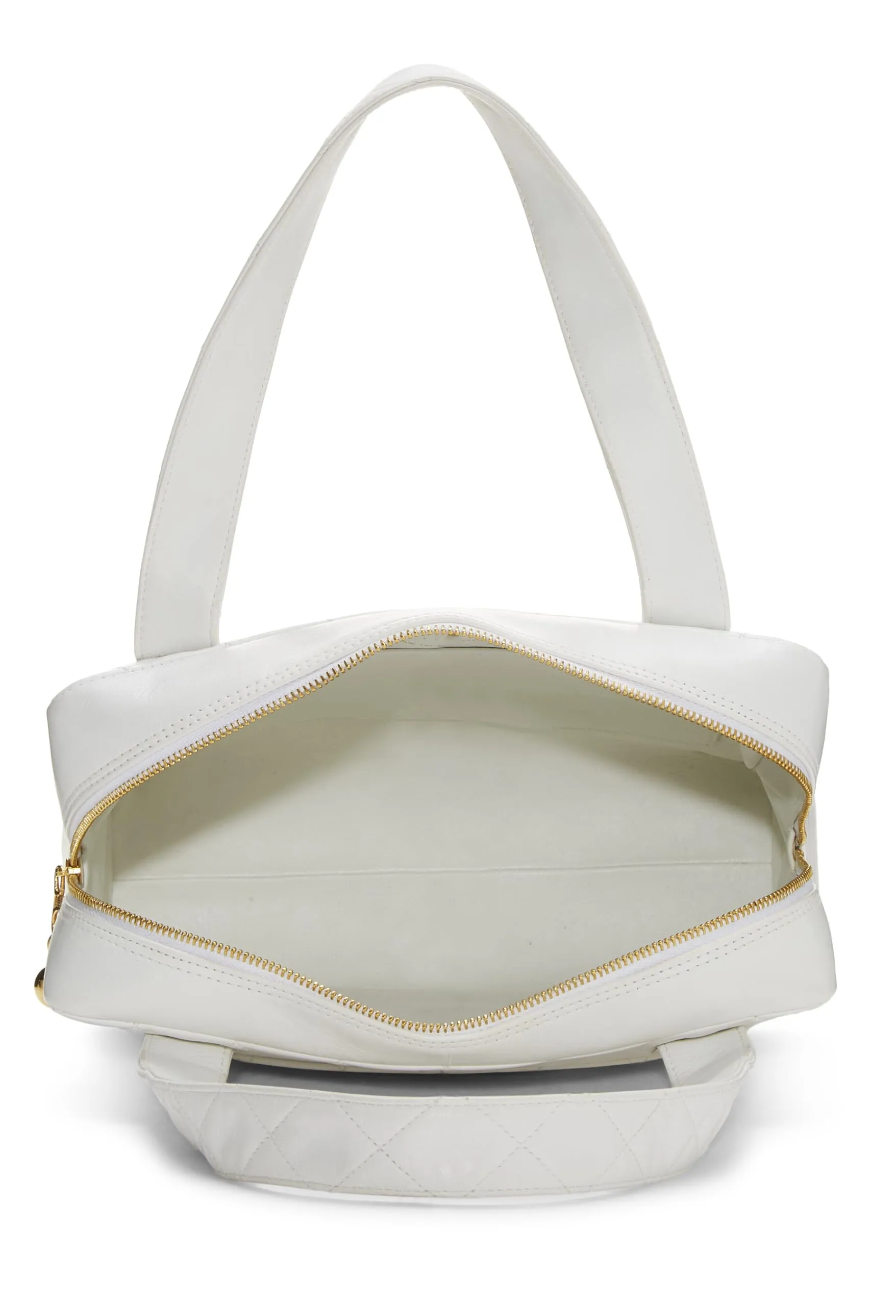Chanel,  White Quilted Lambskin Top Handle Tote Mini, White
