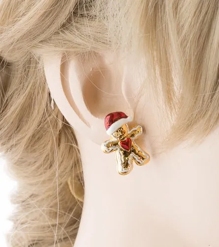 Christmas Jewelry Adorable Fun Gingerbread Man Heart Stud Earrings Gold Red