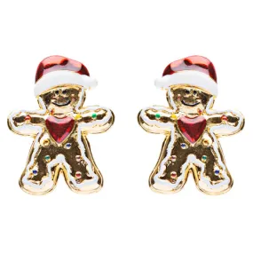 Christmas Jewelry Adorable Fun Gingerbread Man Heart Stud Earrings Gold Red
