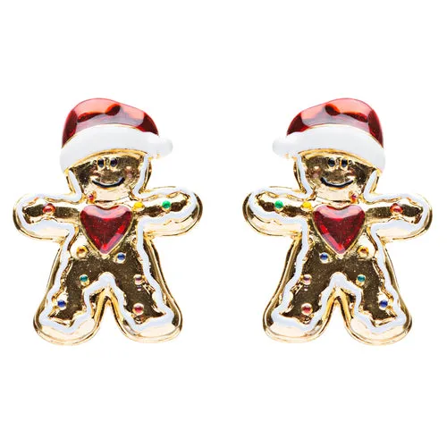 Christmas Jewelry Adorable Fun Gingerbread Man Heart Stud Earrings Gold Red