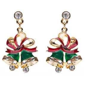 Christmas Jewelry Crystal Rhinestone Twin Bell Holiday Dangle Earrings Green