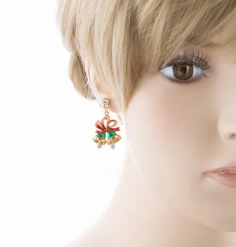 Christmas Jewelry Crystal Rhinestone Twin Bell Holiday Dangle Earrings Green
