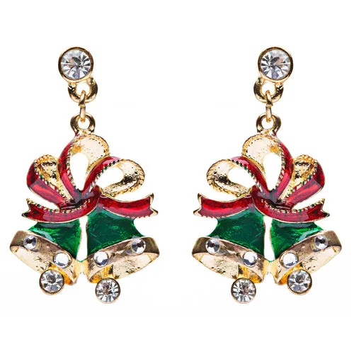 Christmas Jewelry Crystal Rhinestone Twin Bell Holiday Dangle Earrings Green