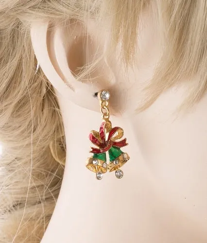Christmas Jewelry Crystal Rhinestone Twin Bell Holiday Dangle Earrings Green