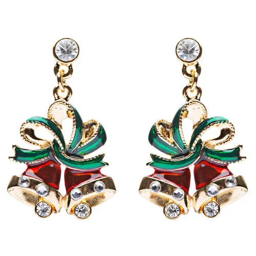 Christmas Jewelry Crystal Rhinestone Twin Bell Holiday Dangle Earrings Red