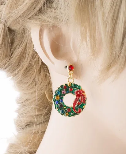 Christmas Jewelry Crystal Rhinestone Wreath Ribbon Charm Earrings Green Gold