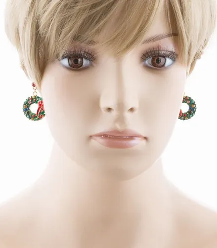 Christmas Jewelry Crystal Rhinestone Wreath Ribbon Charm Earrings Green Gold