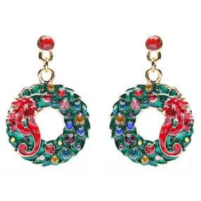 Christmas Jewelry Crystal Rhinestone Wreath Ribbon Charm Earrings Green Gold