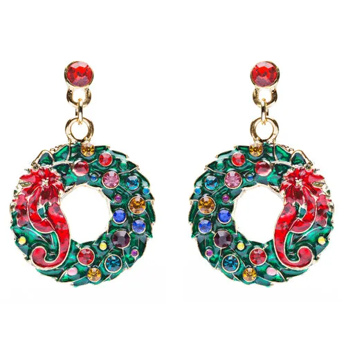 Christmas Jewelry Crystal Rhinestone Wreath Ribbon Charm Earrings Green Gold