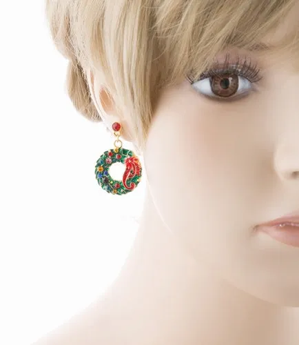 Christmas Jewelry Crystal Rhinestone Wreath Ribbon Charm Earrings Green Gold