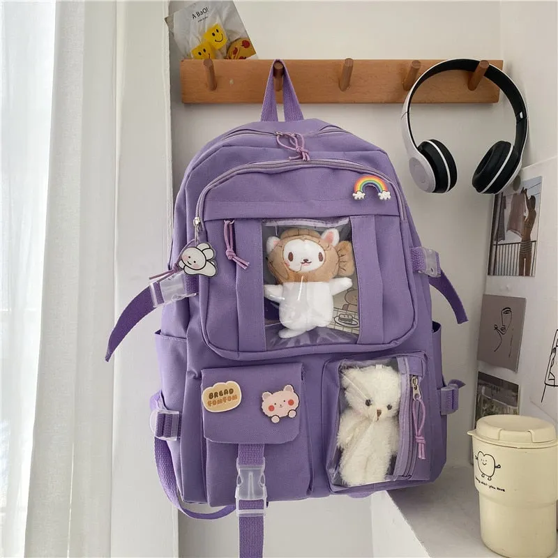 Cute Large-capacity Bookbag for Girls Multi-Pocket Nylon Backpack