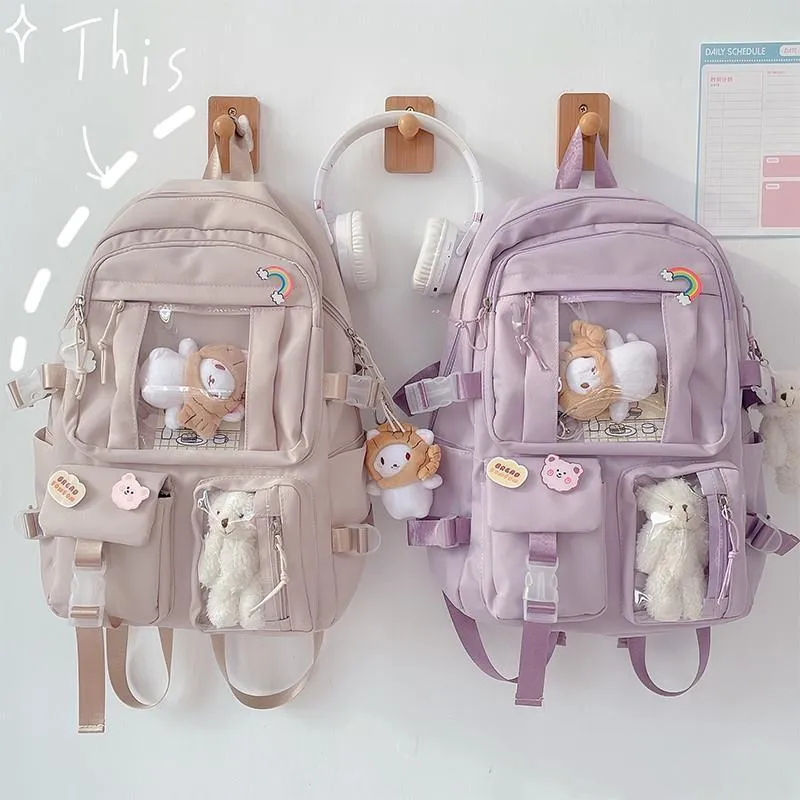 Cute Large-capacity Bookbag for Girls Multi-Pocket Nylon Backpack