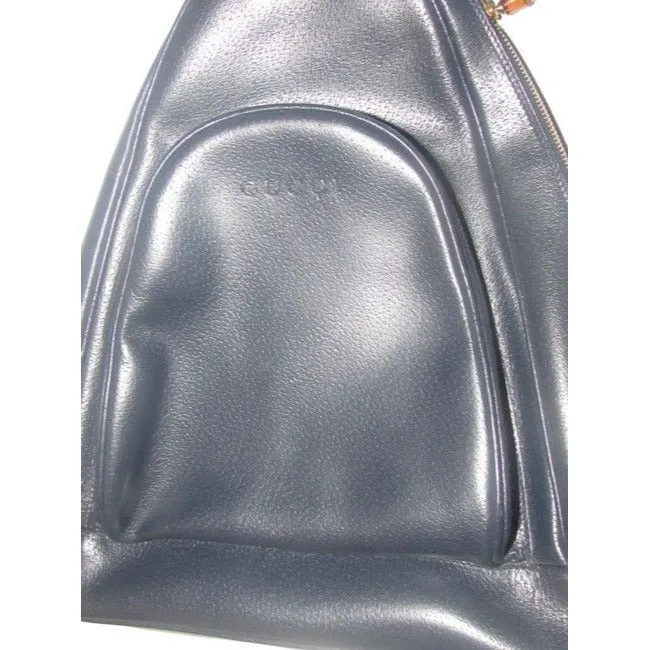 Gucci Vintage Bamboo Line Triangular Navy Blue Leather Backpack