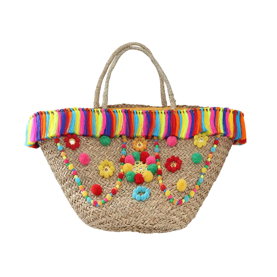 Key West Pom Pom Straw Basket