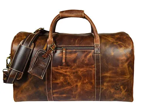 Leather Castle Genuine Vintage Men’s Duffel Sports Gym, Travel, Carry-on Luggage Bag, Light Brown