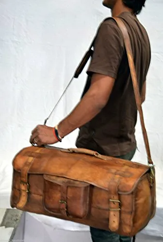 Leather Flap Weekend Duffel Travel Cabin Holdall Gym Sports Luggage 22 Inch