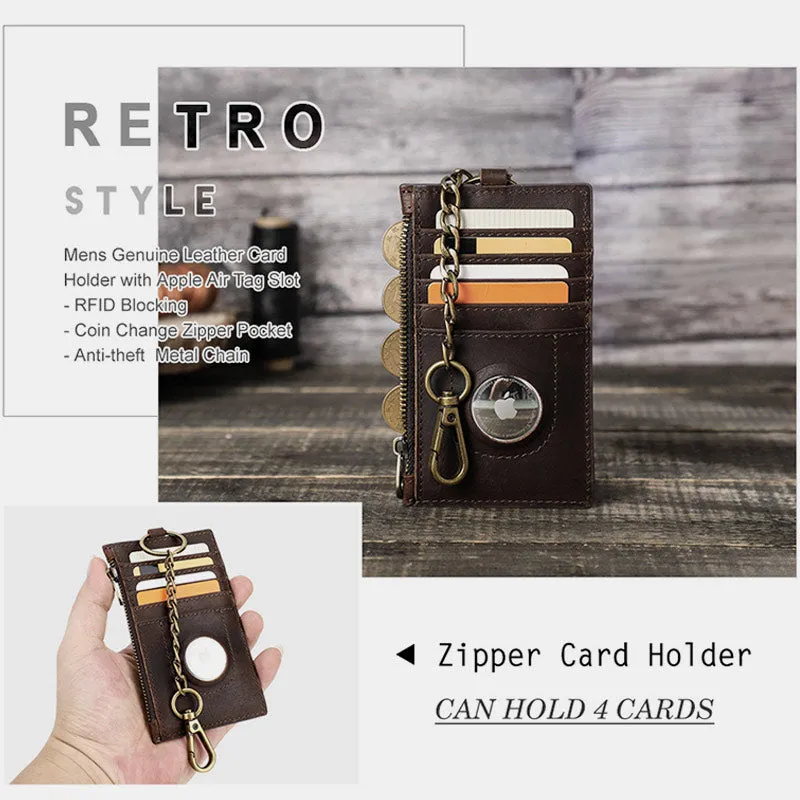 RFID Blocking Genuine Leather Airtag Card Holder Wallet With Chain
