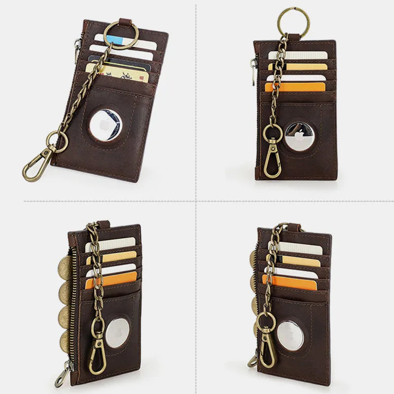 RFID Blocking Genuine Leather Airtag Card Holder Wallet With Chain