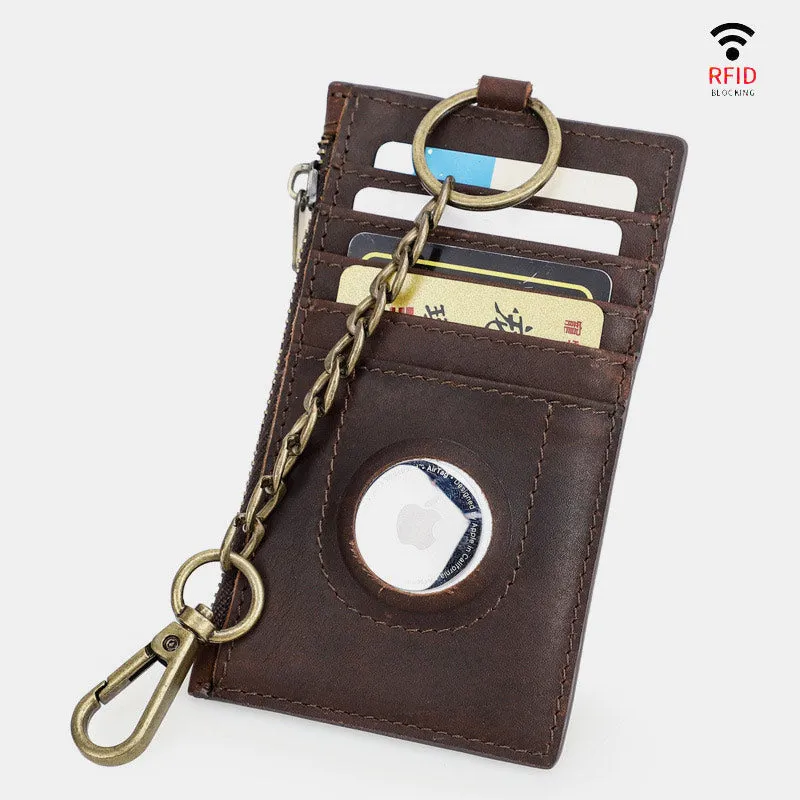 RFID Blocking Genuine Leather Airtag Card Holder Wallet With Chain