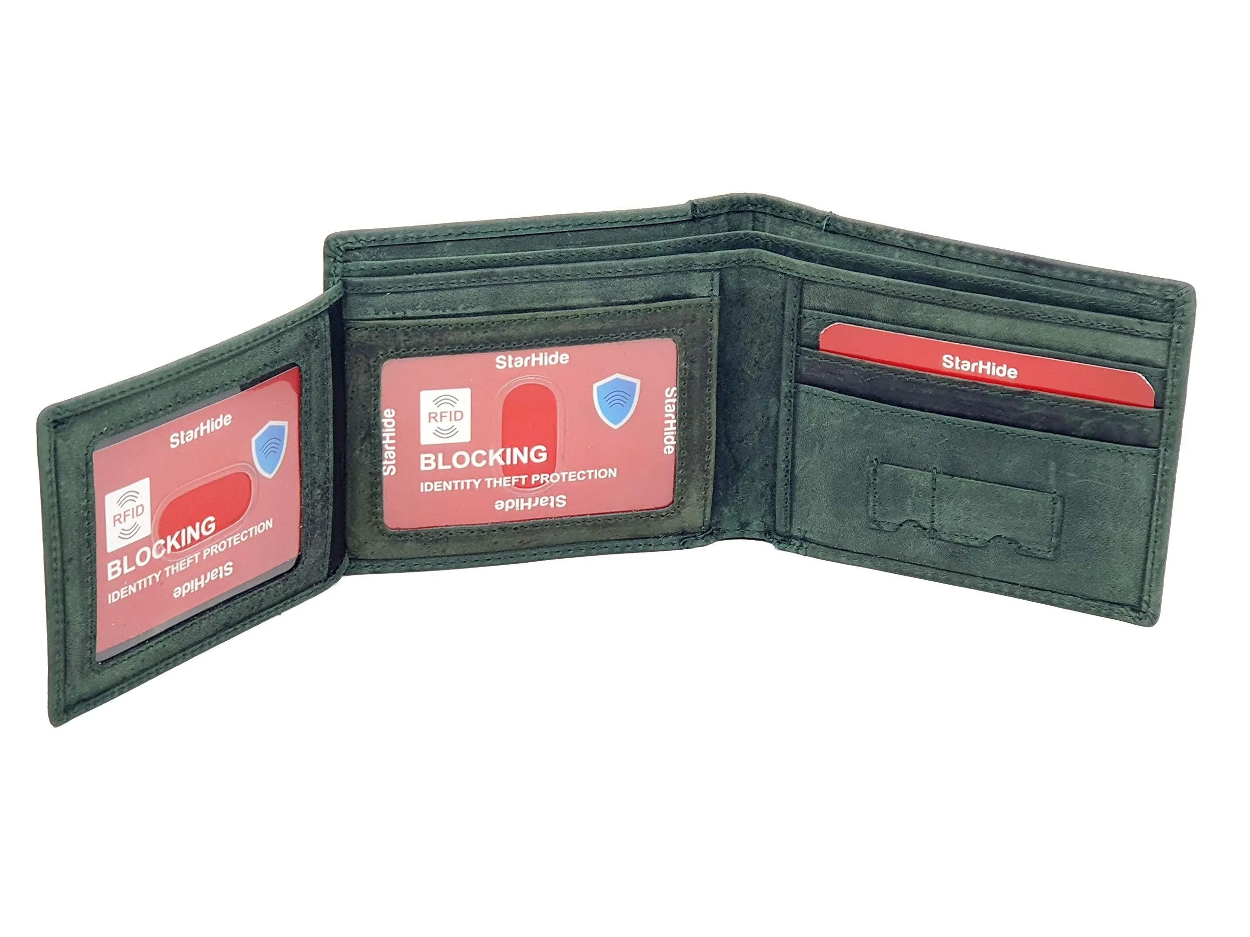 STARHIDE Mens RFID Blocking Genuine Distressed Hunter Leather Trifold Wallet 1145 (Green)