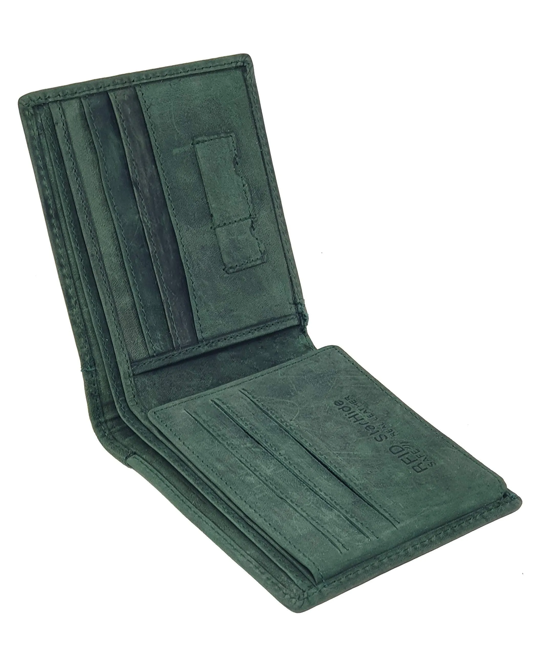 STARHIDE Mens RFID Blocking Genuine Distressed Hunter Leather Trifold Wallet 1145 (Green)